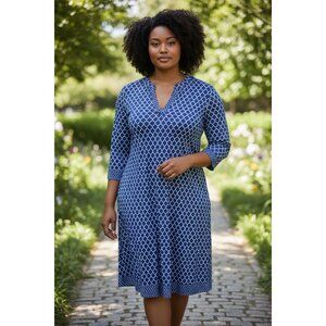 Charlie Paige Womens Blue Trellis Pattern V-Neck Tunic Midi Dress 3/4 Sleeves 95